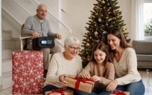 Älterer Mann auf Treppenlift, umgeben von Familie beim Geschenköffnen – pflegen zu Hause mit Lift-Lösung. Jetzt mehr im Lift Reith Blog erfahren!