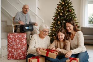 Älterer Mann auf Treppenlift, umgeben von Familie beim Geschenköffnen – pflegen zu Hause mit Lift-Lösung. Jetzt mehr im Lift Reith Blog erfahren!