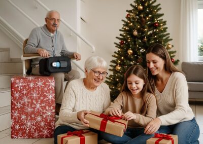 Älterer Mann auf Treppenlift, umgeben von Familie beim Geschenköffnen – pflegen zu Hause mit Lift-Lösung. Jetzt mehr im Lift Reith Blog erfahren!