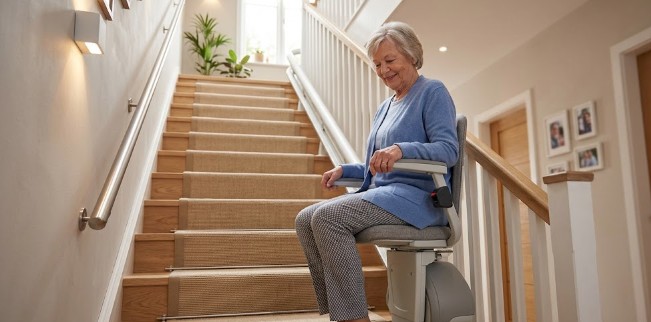Ältere Dame nutzt einen modernen Sitzlift an einer Treppe im hellen Wohnflur – Überblick zu Förderung und Kosten eines Treppenlift durch den Blog von Lift Reith